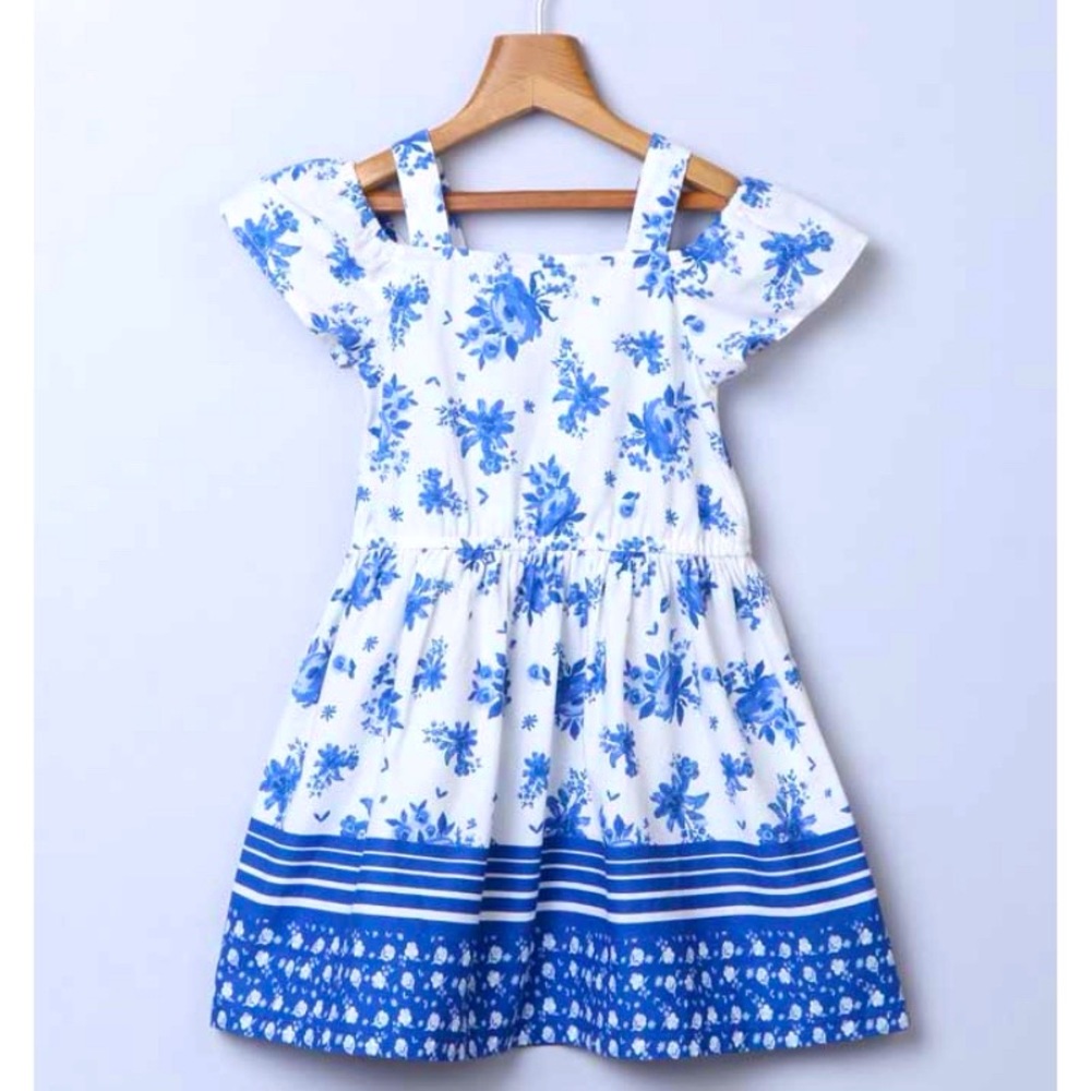 Beebay Blue & White Floral Cold Shoulder Border Print Dress Girls Size 7